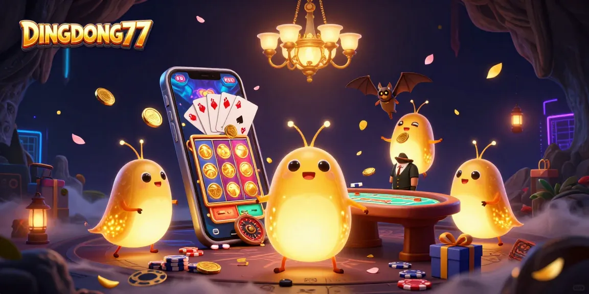 DINGDONG77 illuminates a lively casino scene with glowworms and essential slot games.