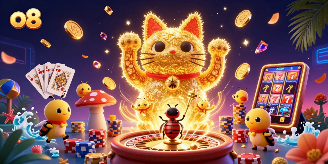 Play the exciting slot games at o8 while enjoying vibrant casino visuals and dynamic lucky symbols.