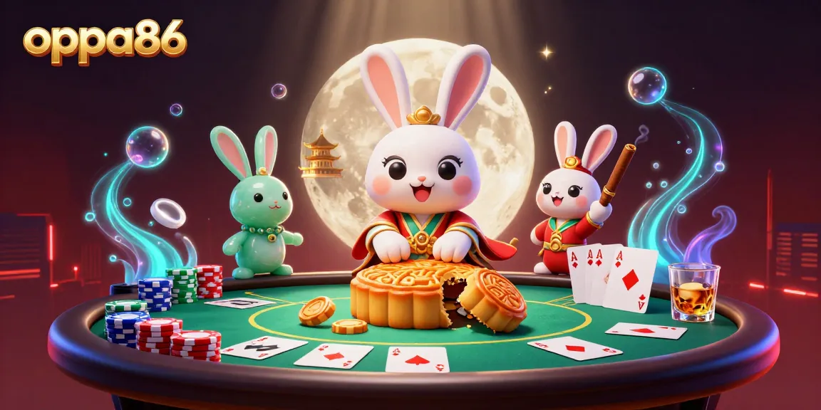 Experience the thrill of poker with oppa86 amidst moon rabbits and dazzling casino elements.