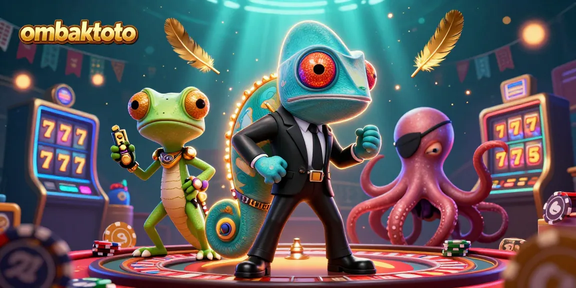 Spin slots with ombaktoto's unique characters facing an exciting casino backdrop.