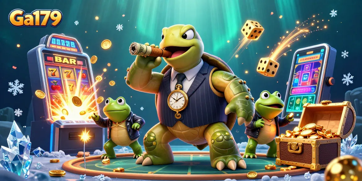 Experience Ga179 slot wins with a turtle mobster amid coins and fireflies in dynamic casino art.