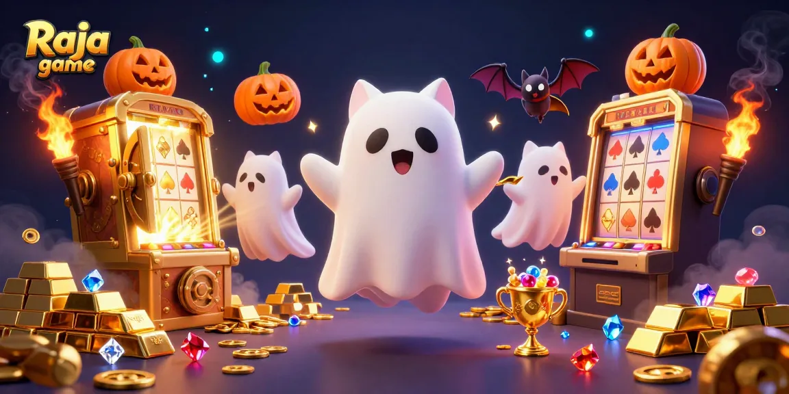 Engage in thrilling gaming with Raja game as a friendly ghost cat and bat explore an electrifying casino scene.