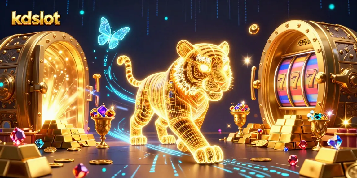 Experience the thrill of kdslot with a vibrant neon casino scene featuring a golden tiger and treasures.