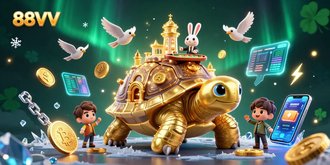 Bettors explore 88VV's vibrant casino world as a golden tortoise hosts a rabbit dealer.