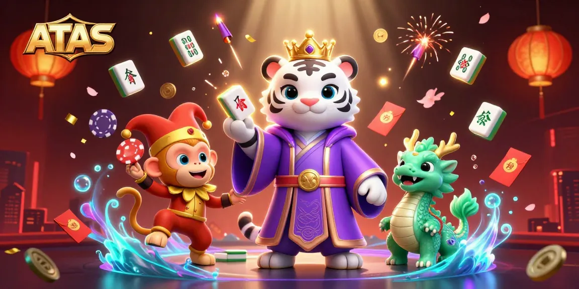 Engage with ATAS's immersive casino experience, featuring a white tiger and jester monkey in vibrant 3D art.
