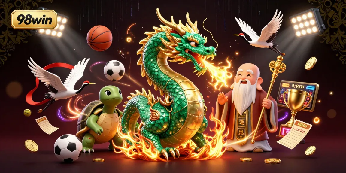 Experience thrilling action with 98win as the emerald dragon breathes fire amidst dynamic sports betting elements.