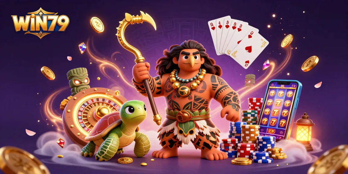 Spin the reels and win big at WIN79, featuring vibrant casino elements in a captivating illustration.