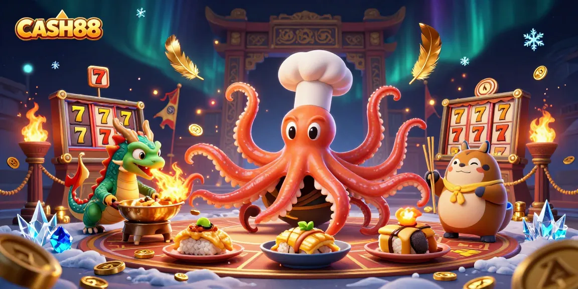 Engage with CASH88 by witnessing a vibrant scene of a colorful 3D cartoon sushi chef octopus, fiery dragon, and tanuki in an energetic casino atmosphere.