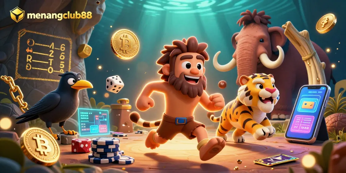 Engage with the exciting menangclub88 experience featuring a vibrant prehistoric casino with cartoon characters.
