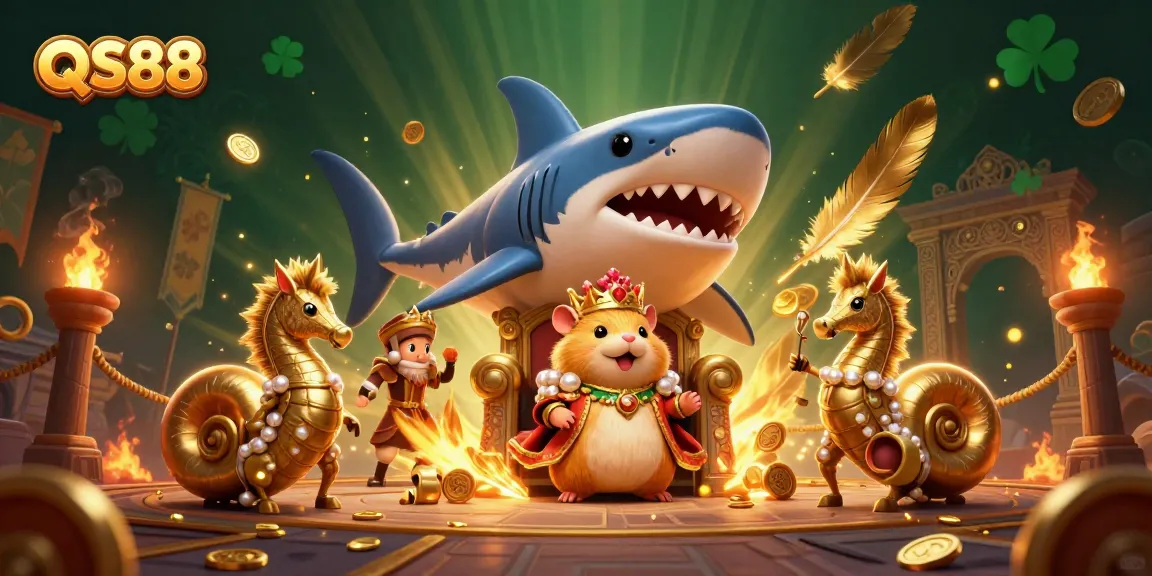 Experience gaming excitement with QS88 in a vibrant 3D casino illustration featuring unique characters.