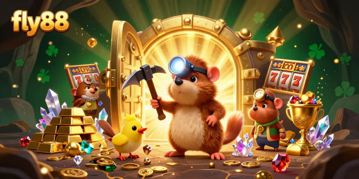 Engage with fly88's immersive slots experience featuring treasure hunter mole surrounded by riches.