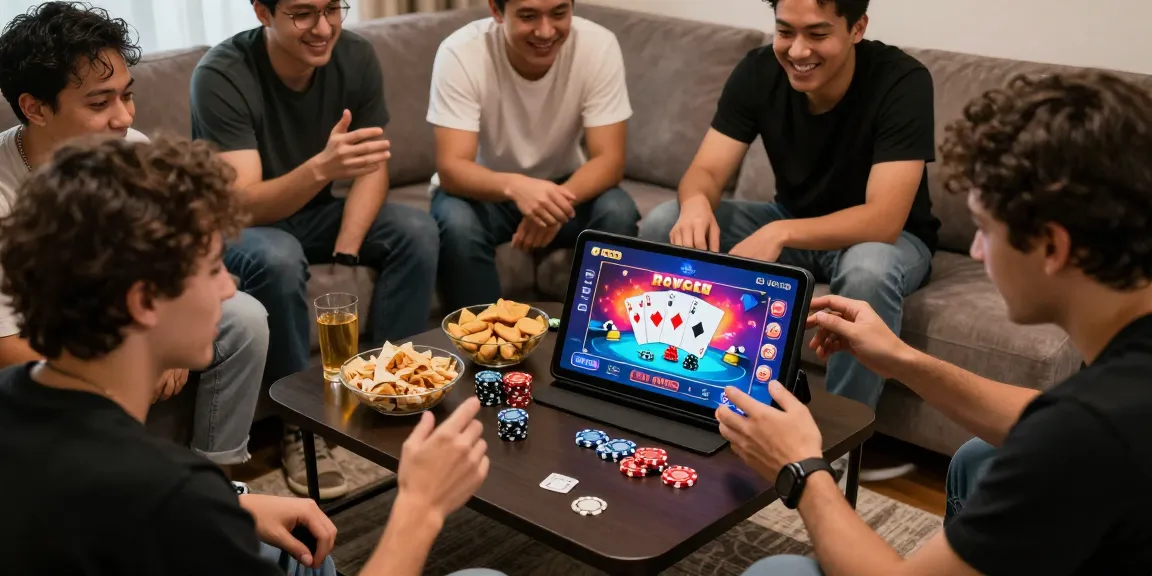 Friends enjoying Poker Game on mobile with app link displayed, vibrant graphics and strategic gameplay atmosphere.