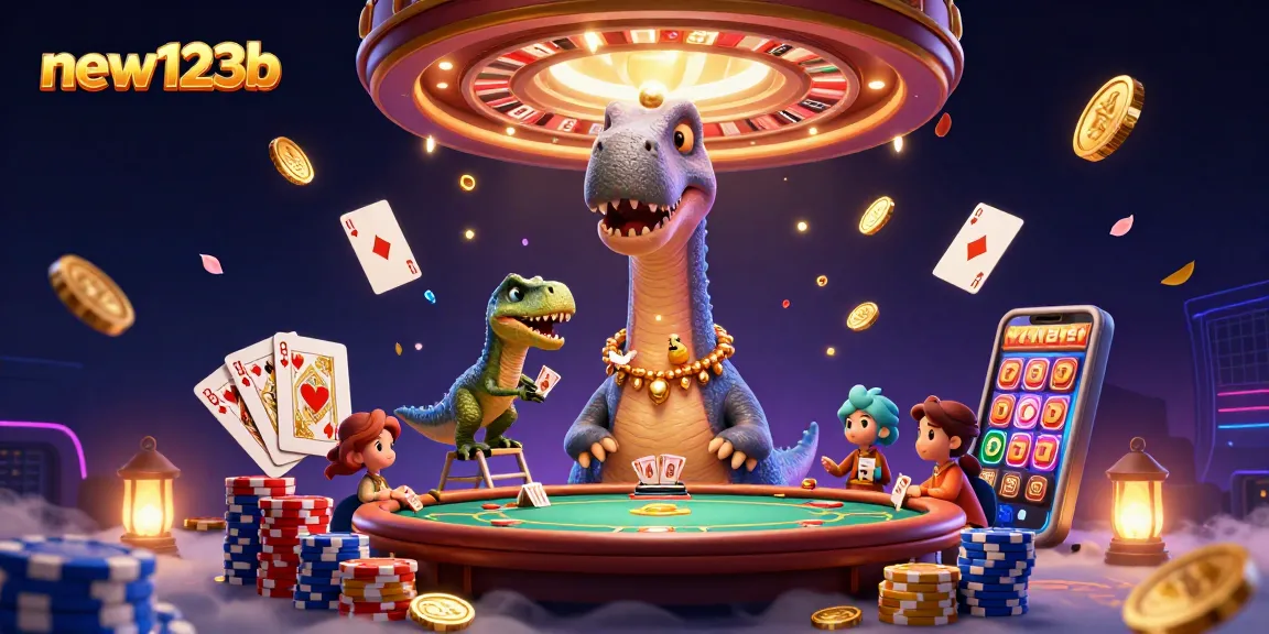 Engage in thrilling action at new123b with a vibrant 3D casino scene featuring a playful brontosaurus and clever raptor.