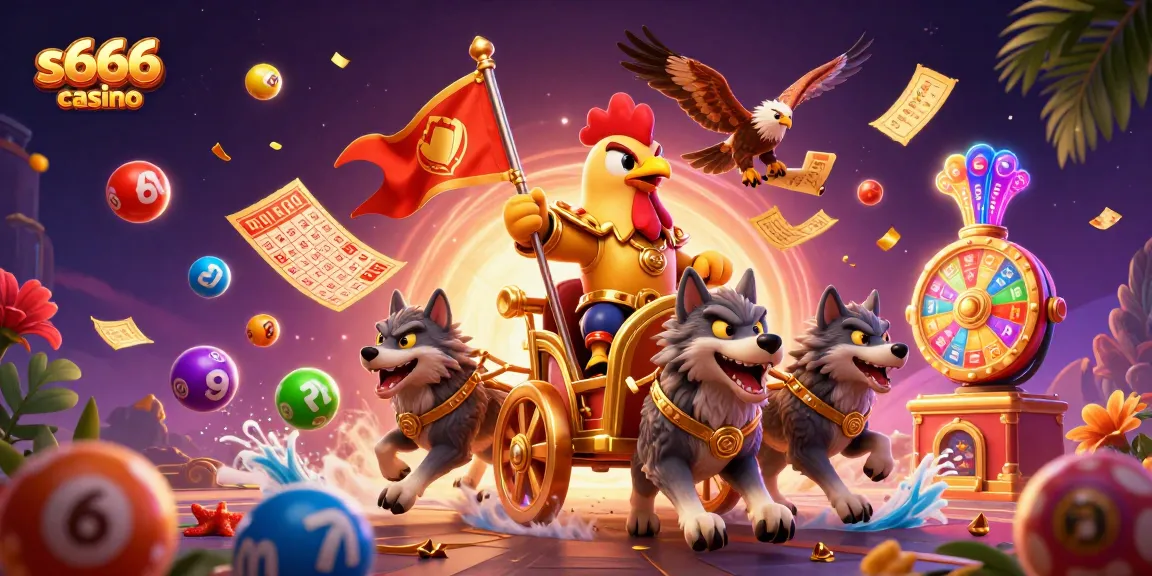 S666 casino showcases dynamic gambling action with vivid elements in an engaging 3D illustration.