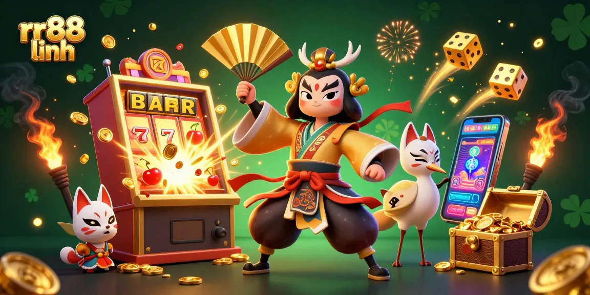 Win big with rr88 linh at this vibrant online casino illustration featuring exciting game elements.