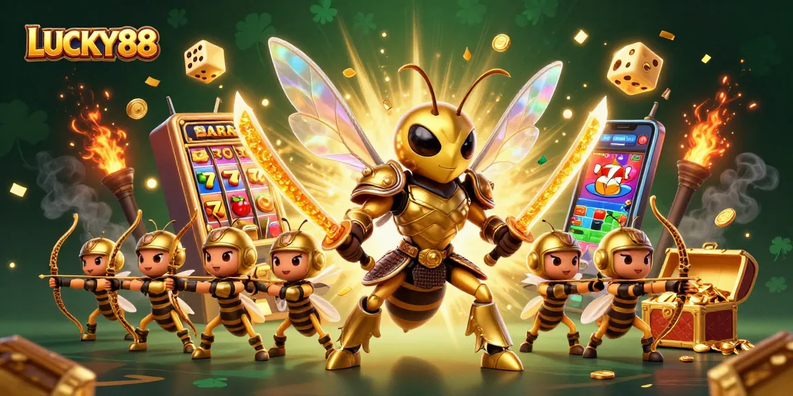 Experience LUCKY88's thrilling jackpot excitement with a golden hornet and casino elements.