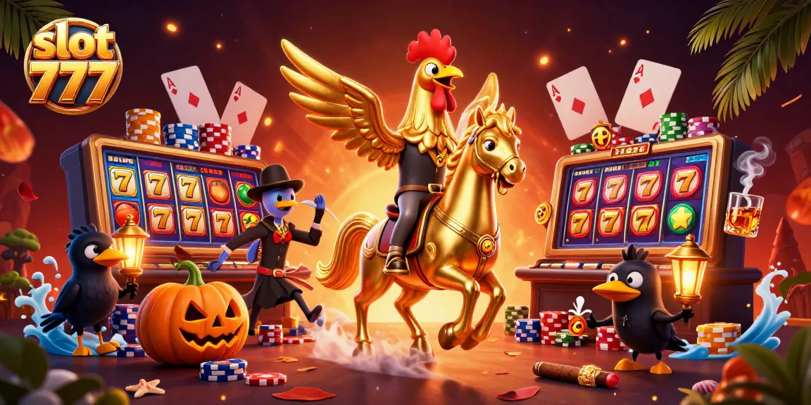 Spin the reels at slot 777 with engaging golden rooster characters and vibrant casino elements.