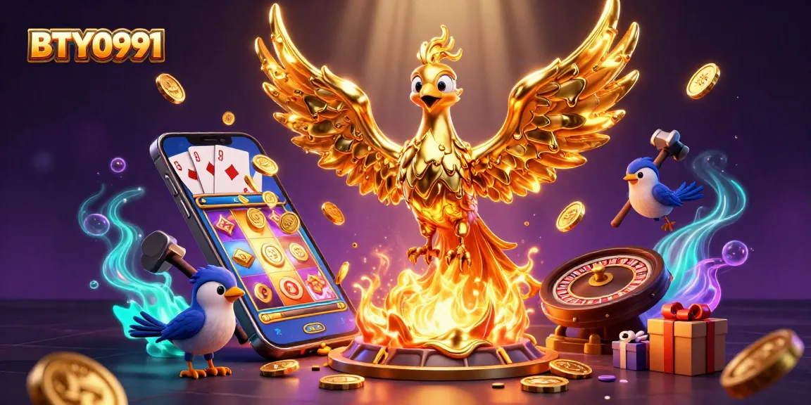 Play slots and win big with BTY0991, featuring a golden phoenix and dynamic casino elements.