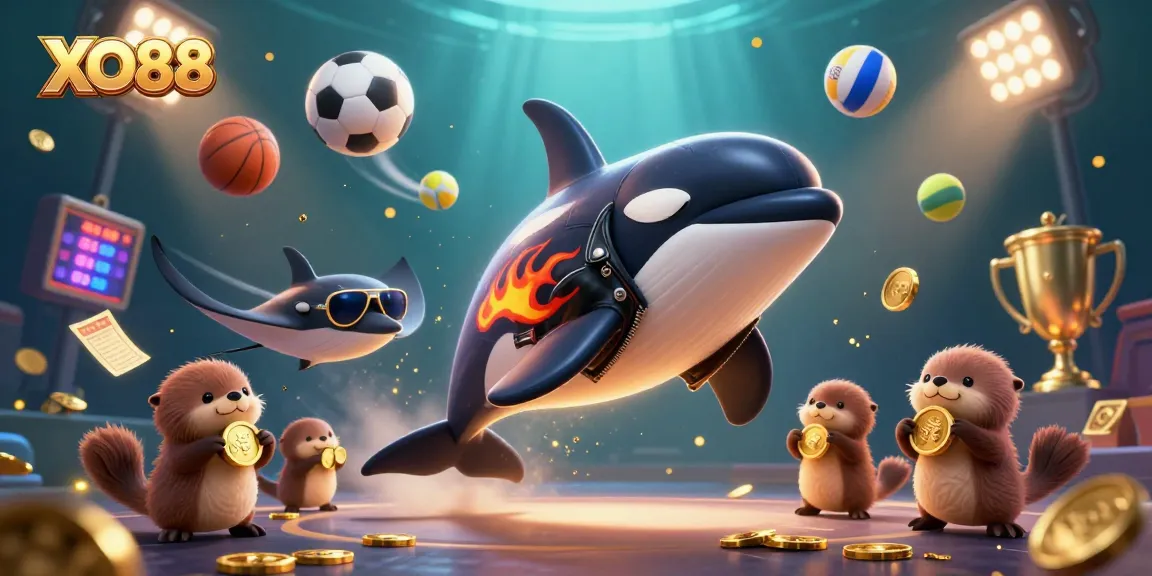 Engage in exciting betting experiences with XO88's vibrant underwater casino scene featuring playful characters.