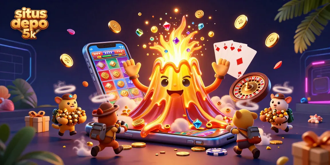 Win big with situs depo 5k as golden coins and treasures flow from a triumphant volcano in this vibrant slot scene.