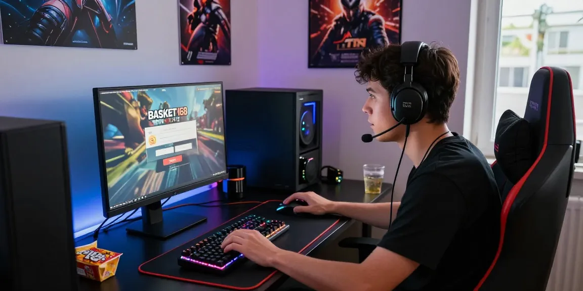 Login ke BASKET168 dengan cepat, gamer fokus di setup gaming lengkap dengan aksesori.
