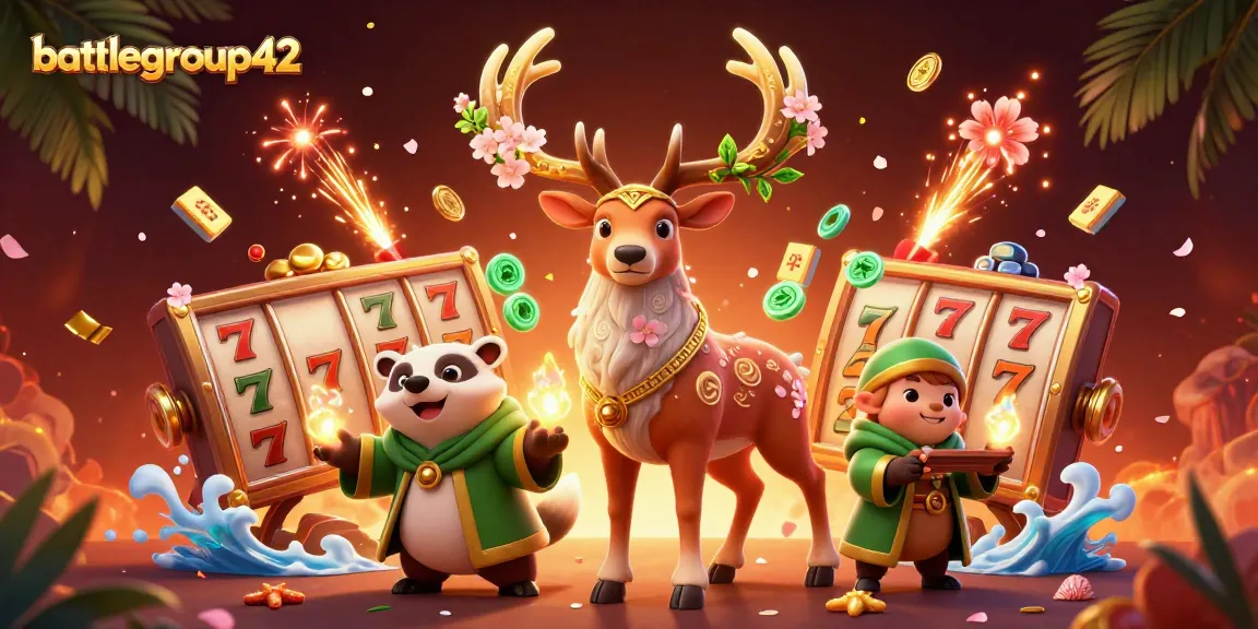 Experience the excitement of battlegroup42 with this vibrant 3D casino scene showcasing slot reels and lively characters.
