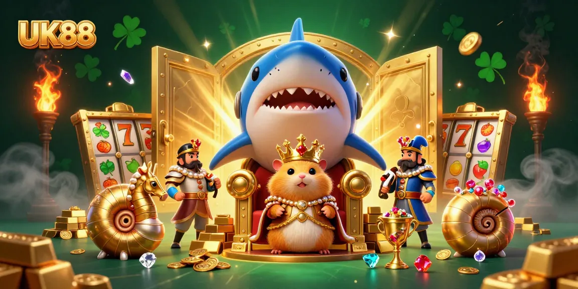 Spin the reels at UK88 with a golden hamster king on a shark tooth throne surrounded by treasure.