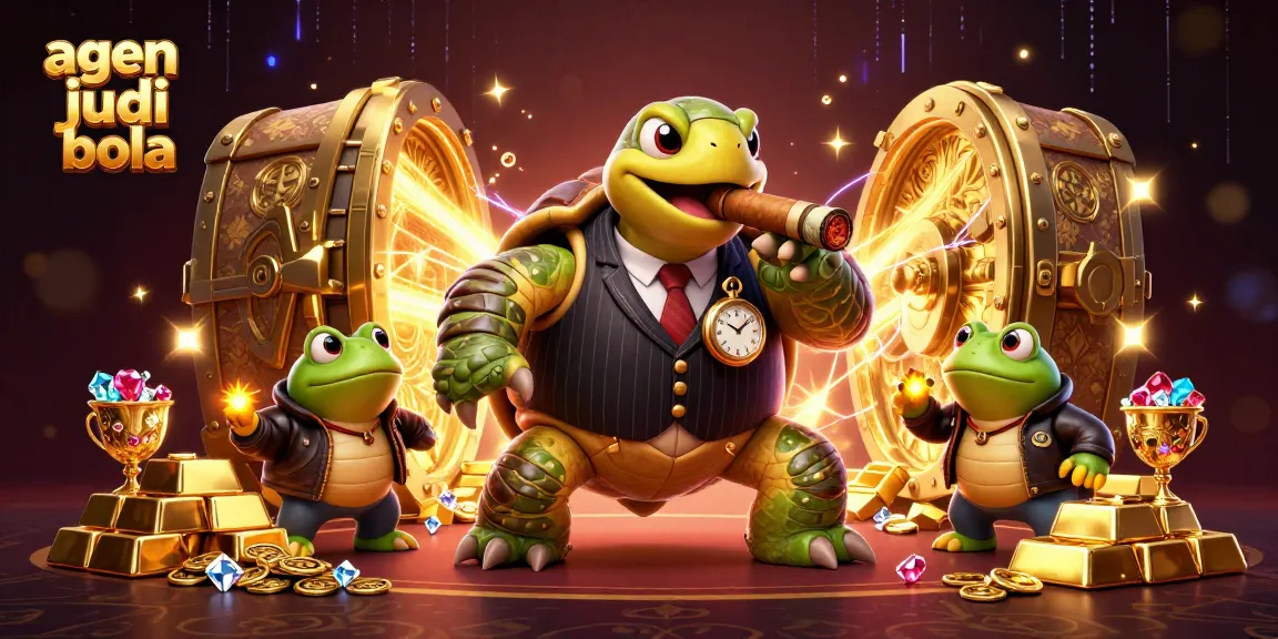 Engage with agen judi bola through a vibrant casino scene featuring a turtle in mobster attire.