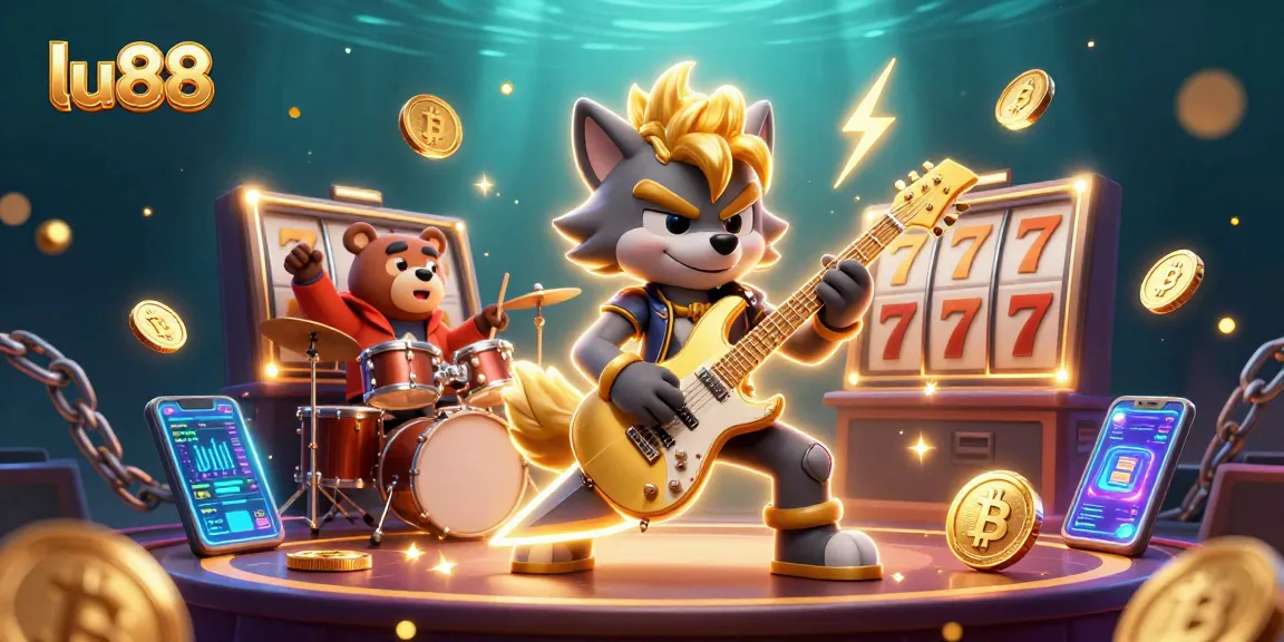 Experience the vibrant world of lu88 slots with a rock star wolf and a drummer bear amidst crypto elements.