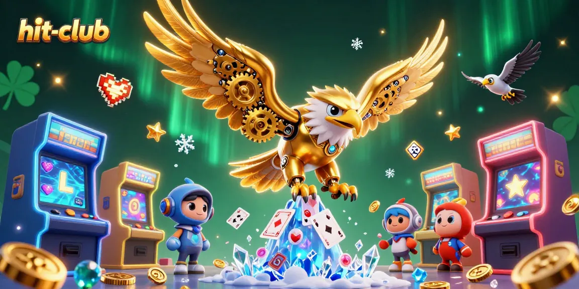 Embrace hit-club excitement with a golden eagle flying through holographic cards and arcade games.