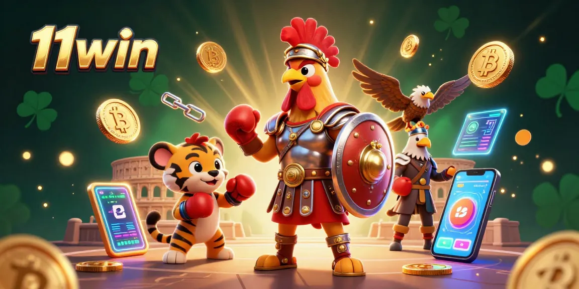 Experience the thrill of gambling with 11win in this vibrant casino illustration featuring a gladiator rooster amidst crypto elements.