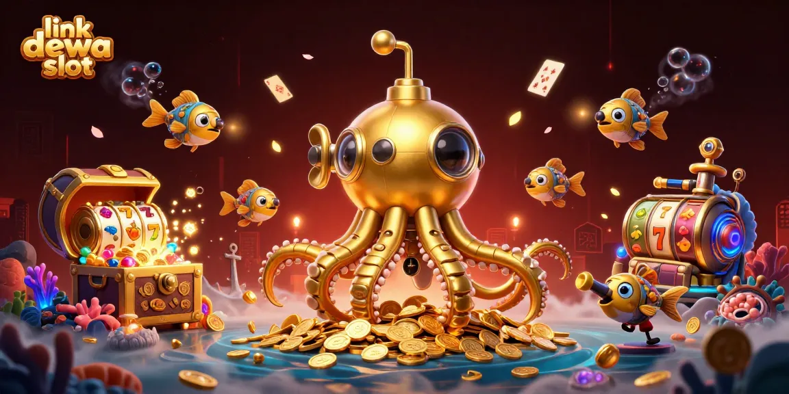 Menggandakan peluang dengan link dewa slot menunjukkan kapal kraken dan karakter putaran slot dalam penyelaman yang penuh harta.