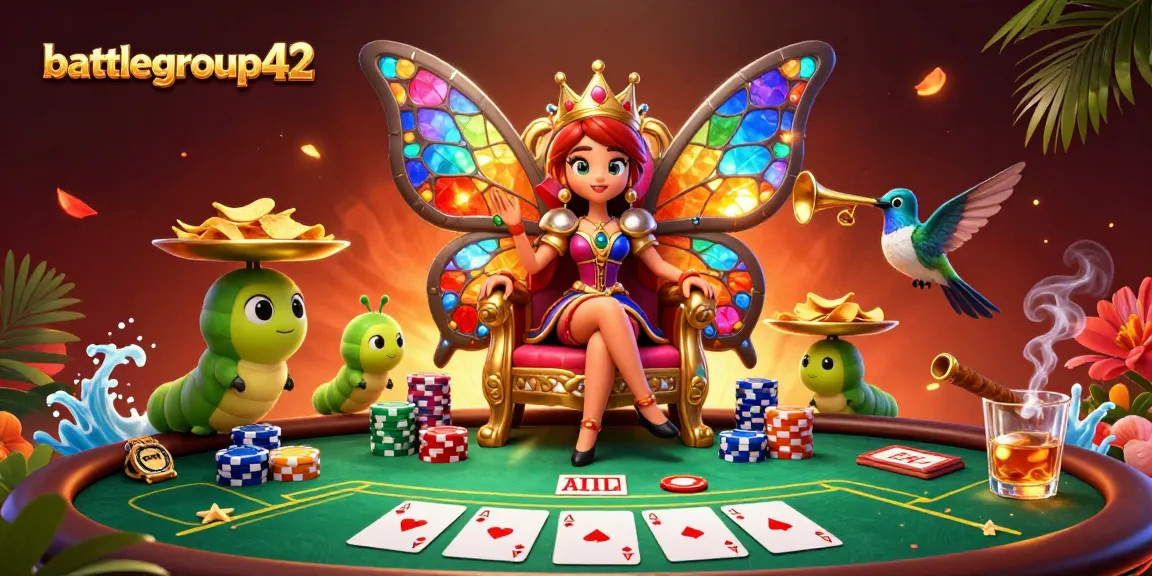 Experience the vibrant atmosphere of battlegroup42's immersive poker scene with a dazzling butterfly queen and dynamic casino elements.