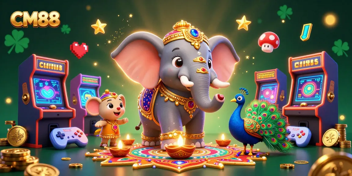 Experience the thrill at CM88 with a vibrant casino-themed 3D illustration packed with games.