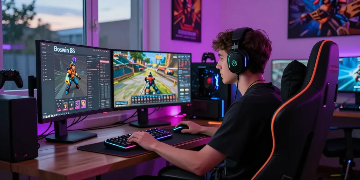 Gamer menggunakan platform boswin 88 dalam suasana gaming yang dinamis dan penuh energi.