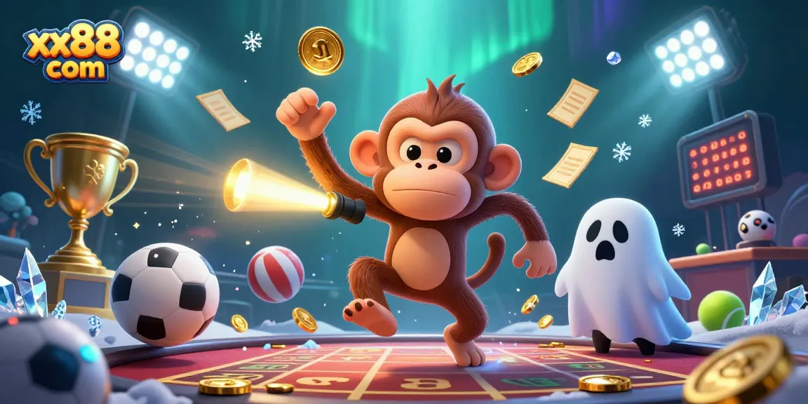 Experience the thrill of game play at xx88 com with a ghostly monkey juggling gold in a haunted casino.