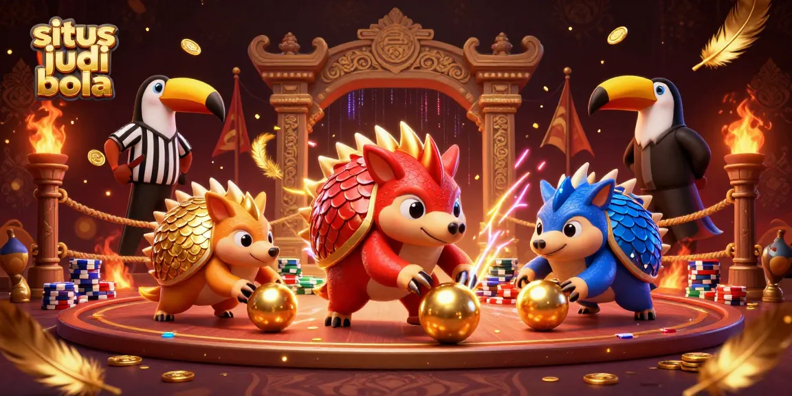 Experience excitement on situs judi bola with vibrant pangolins bowling through poker chips in a dynamic scene.