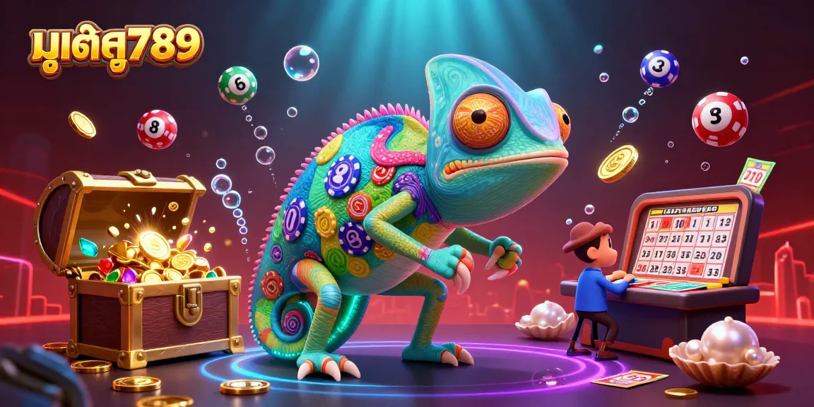 Engage in lottery excitement with มูเตลู789 featuring colorful themed elements and a vibrant chameleon casino owner.