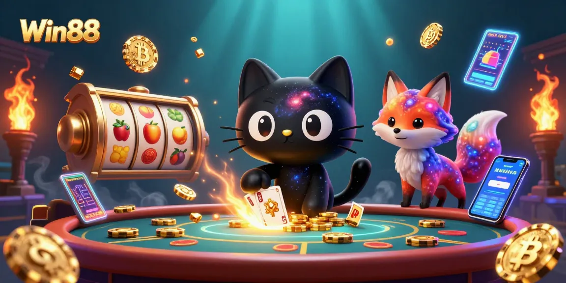 Engage in exciting gameplay at Win88 with vibrant characters and crypto elements in a cosmic casino setting.