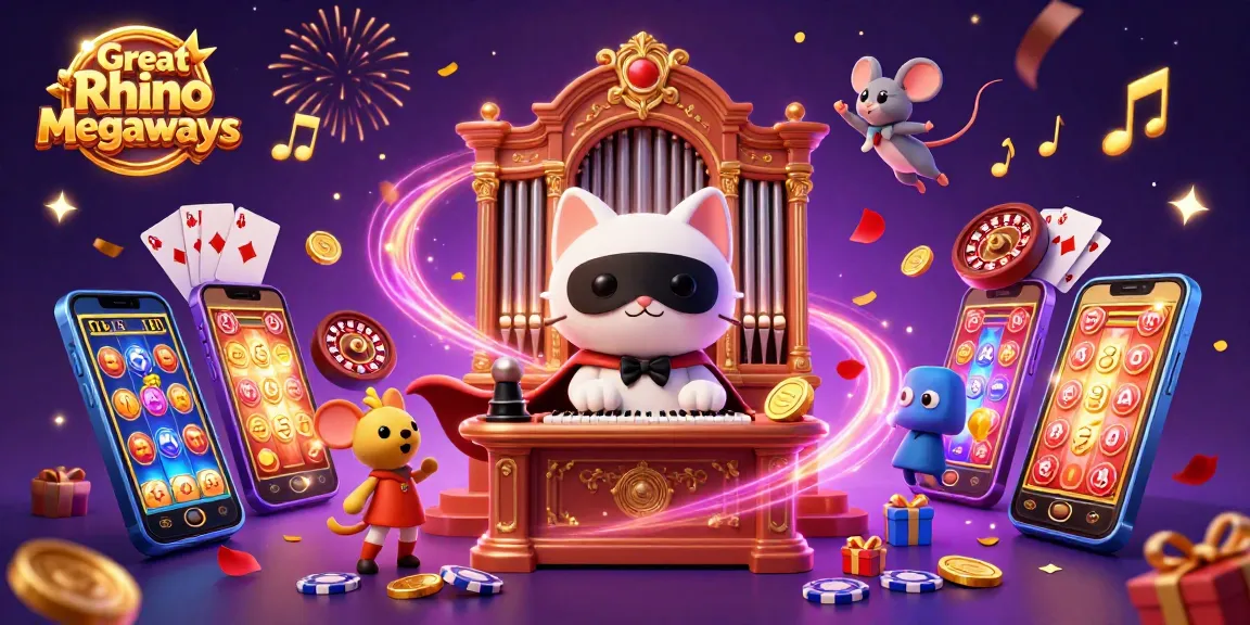 Great Rhino Megaways spins into action with colorful slot games and dynamic characters in an animated casino scene.