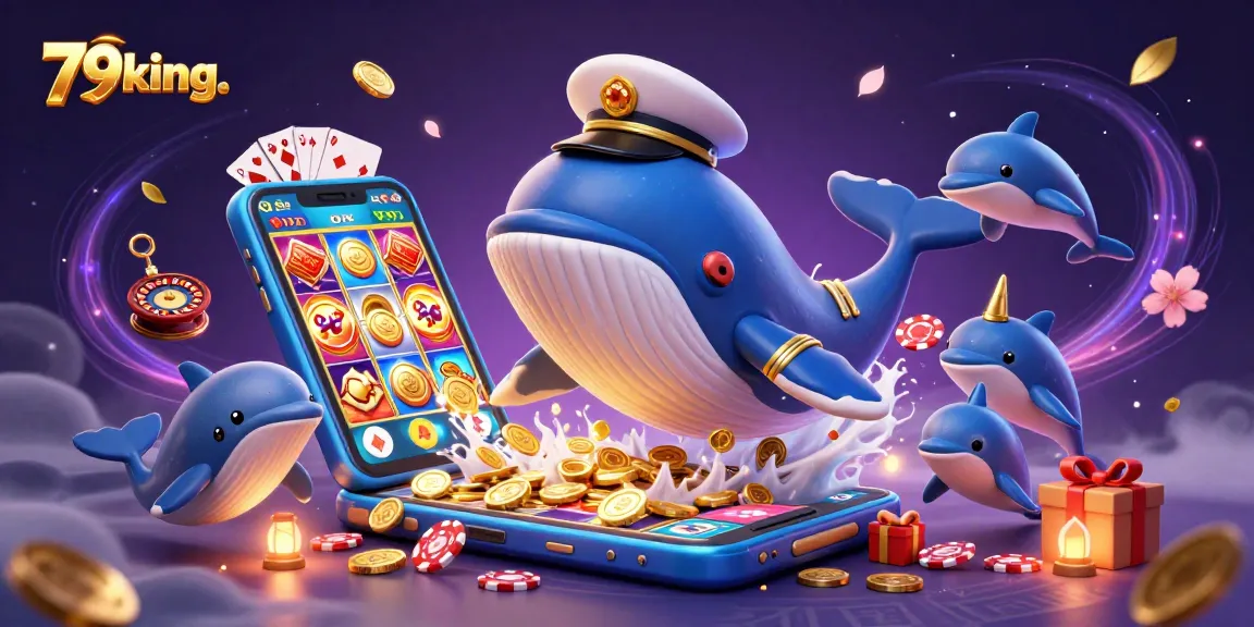 Experience the thrill of gambling with 79king. as the whale and friends celebrate in a sea of coins.