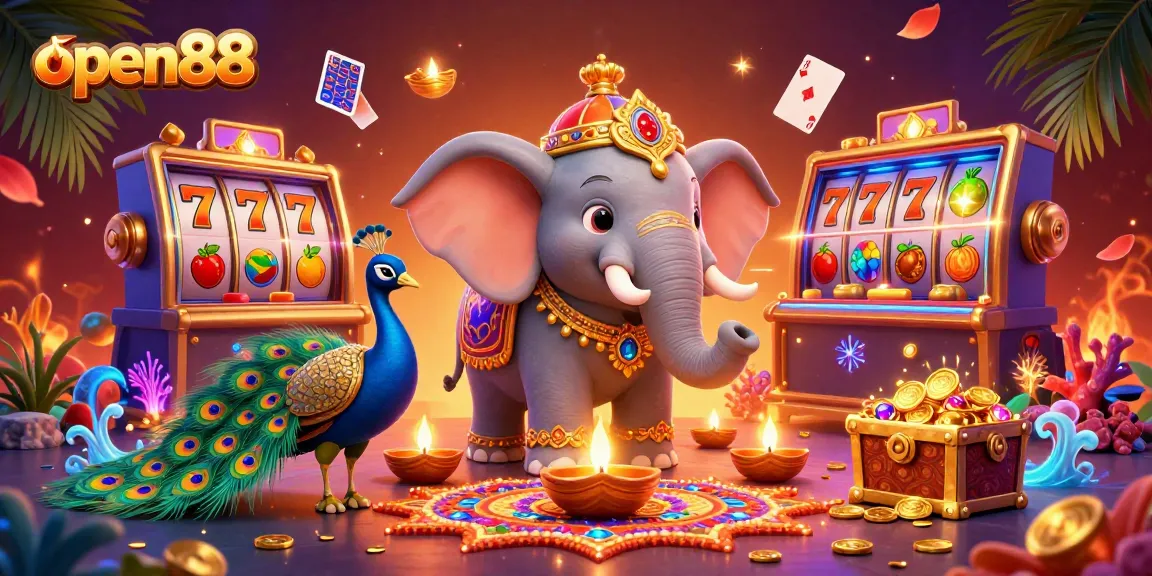 Experience the excitement of open88 with dynamic casino elements featuring a colorful elephant and peacock.