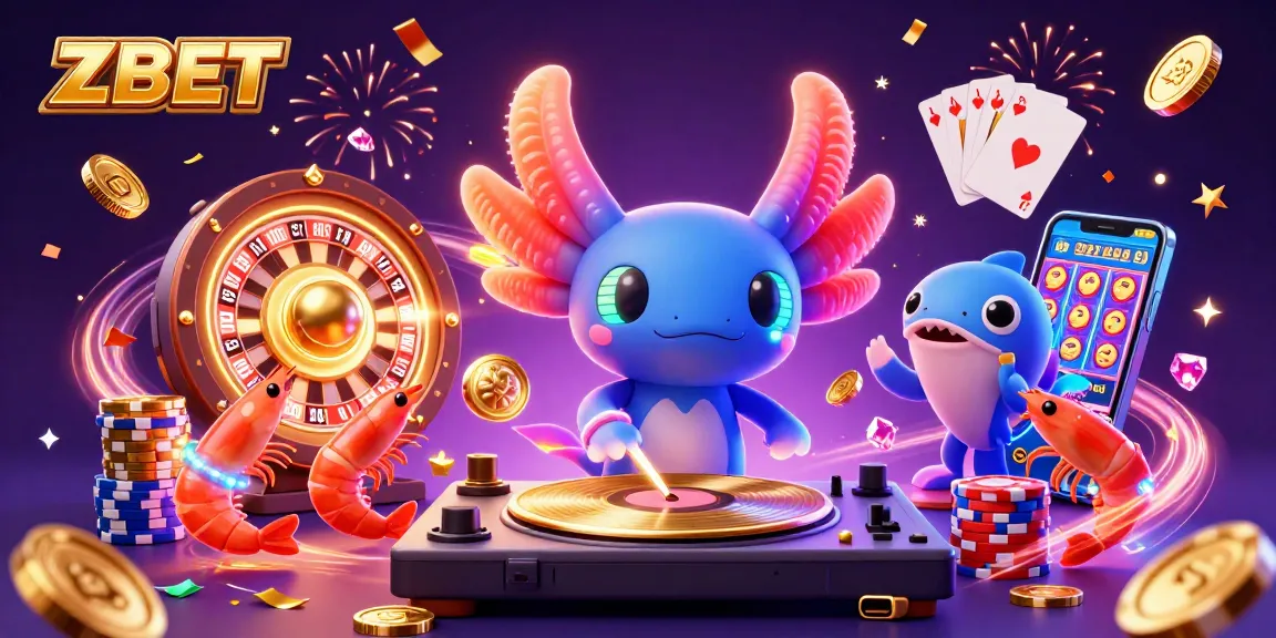 ZBET creates excitement as a neon axolotl DJ spins while vibrant shrimp dancers celebrate in a lively casino scene.