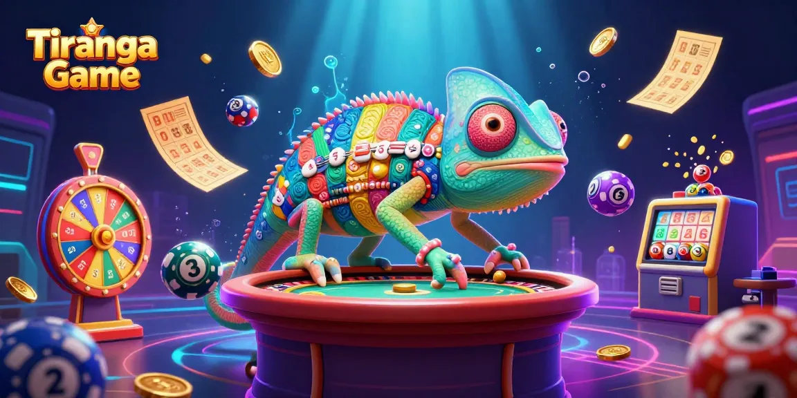Tiranga Game showcases lively gameplay with a colorful chameleon, lottery balls, and winning prizes.