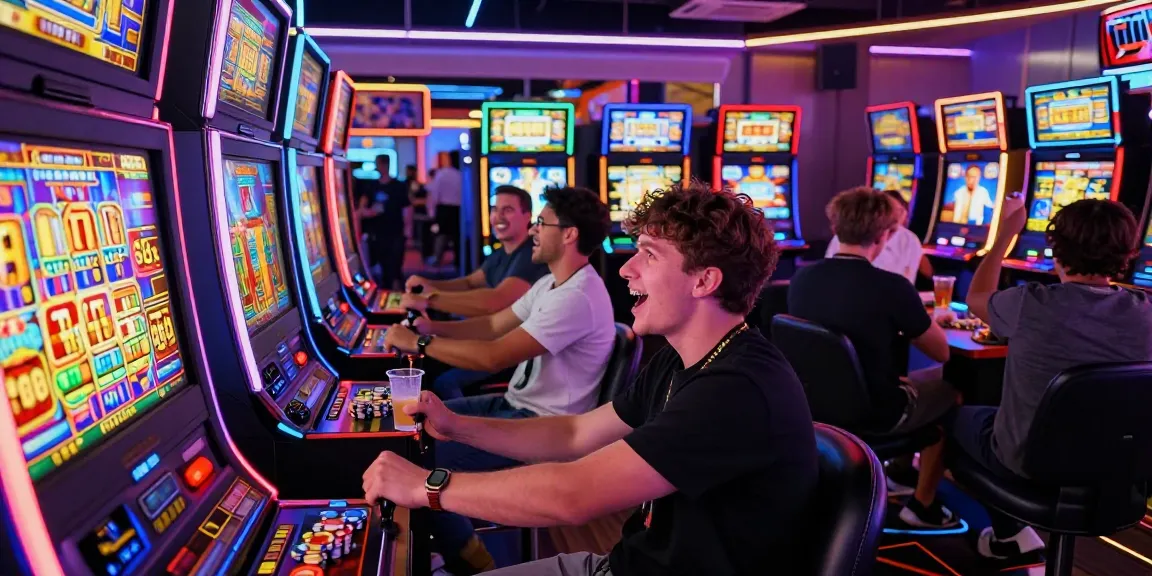 Slot gacor yang menarik dengan pemain bersemangat dan lampu neon terang di Vegas123.