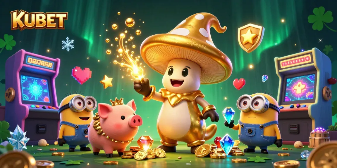 Win big with KUBET as the golden mushroom wizard turns everything to gold in an exciting casino scene.