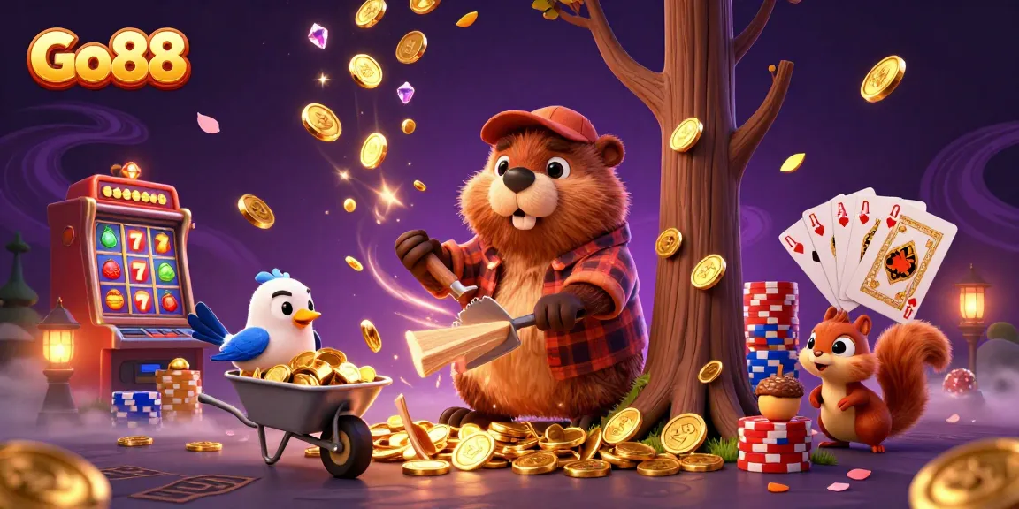 Engage in slots action with Go88, featuring vibrant characters and sparkling casino elements.