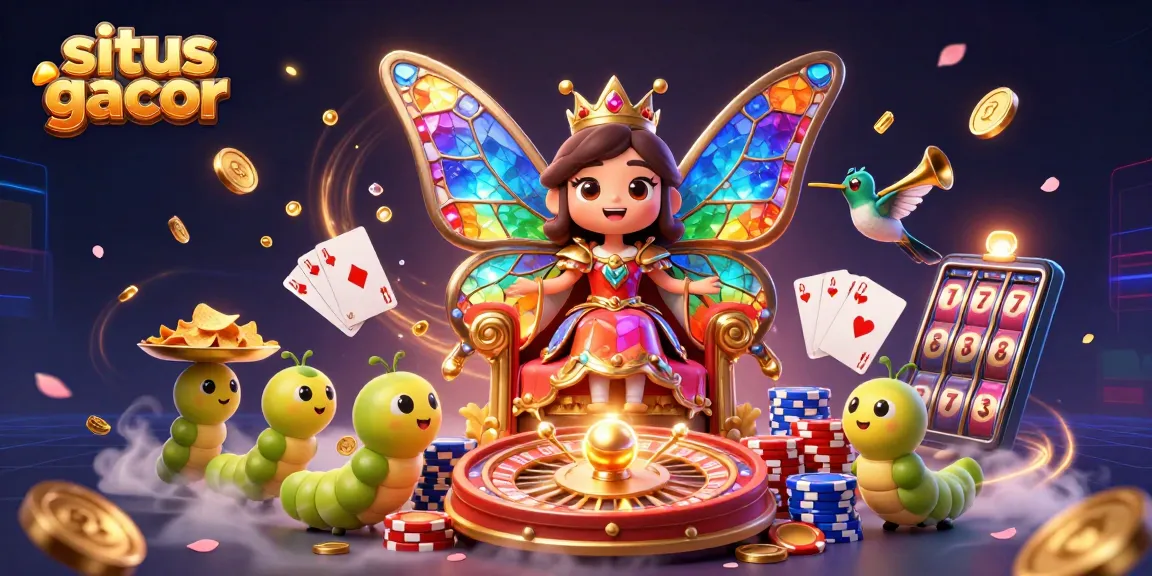 Experience excitement at situs gacor with vibrant 3D casino illustration showcasing a butterfly queen amidst casino elements.